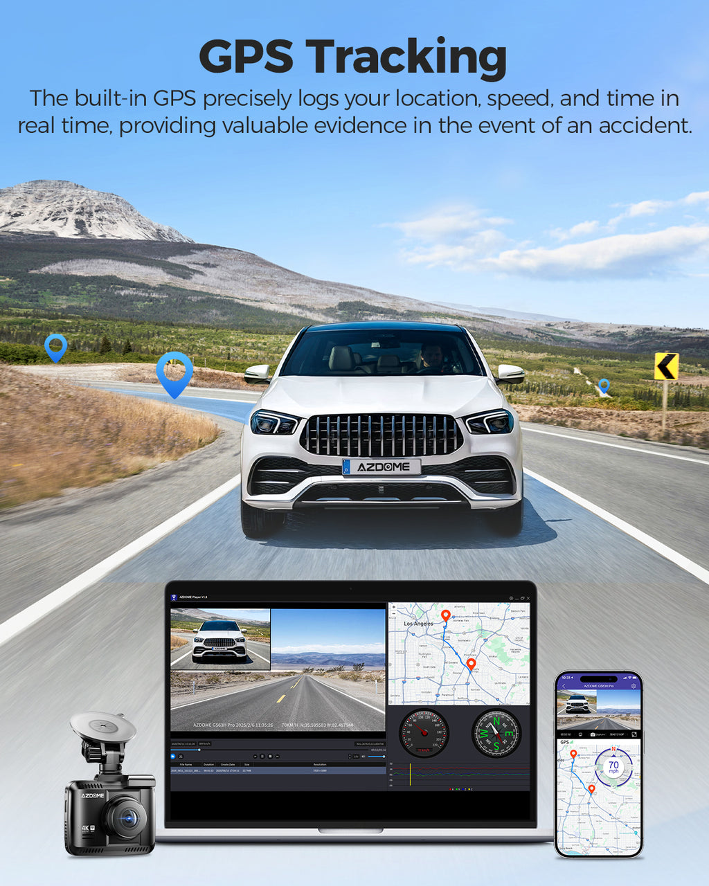 AZDOME GS63H Pro Caméra embarquée de voiture 4K avant et arrière avec GPS, Wi‑Fi et technologie Starvis