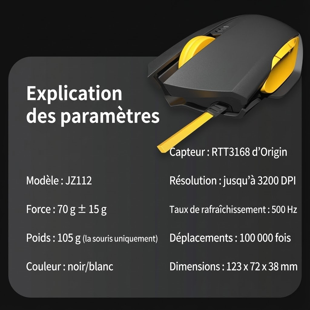 Ochama Souris filaire - Souris ergonomique, Capteur optique, Taux d’interrogation 1000 Hz, Matériau résistant à la transpiration, DPI 4 niveaux, Câble anti-enchevêtrement, Noir et jaune