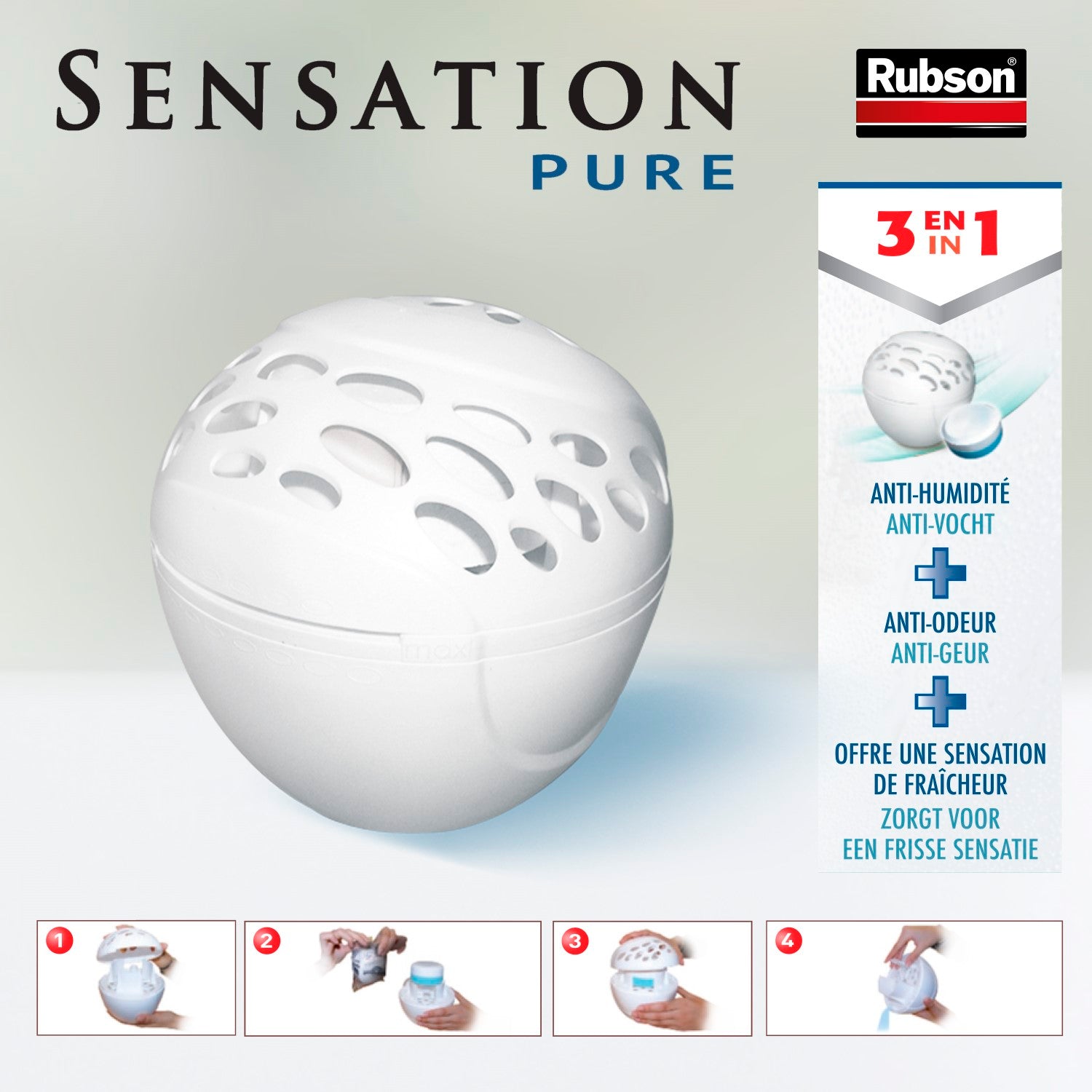 Rubson Sensation Pure | Absorbeur d'humidité pour petites pièces de 10 m² (1 appareil + 1 recharge parfum neutre) – Déshumidificateur anti-humidité et anti-odeur