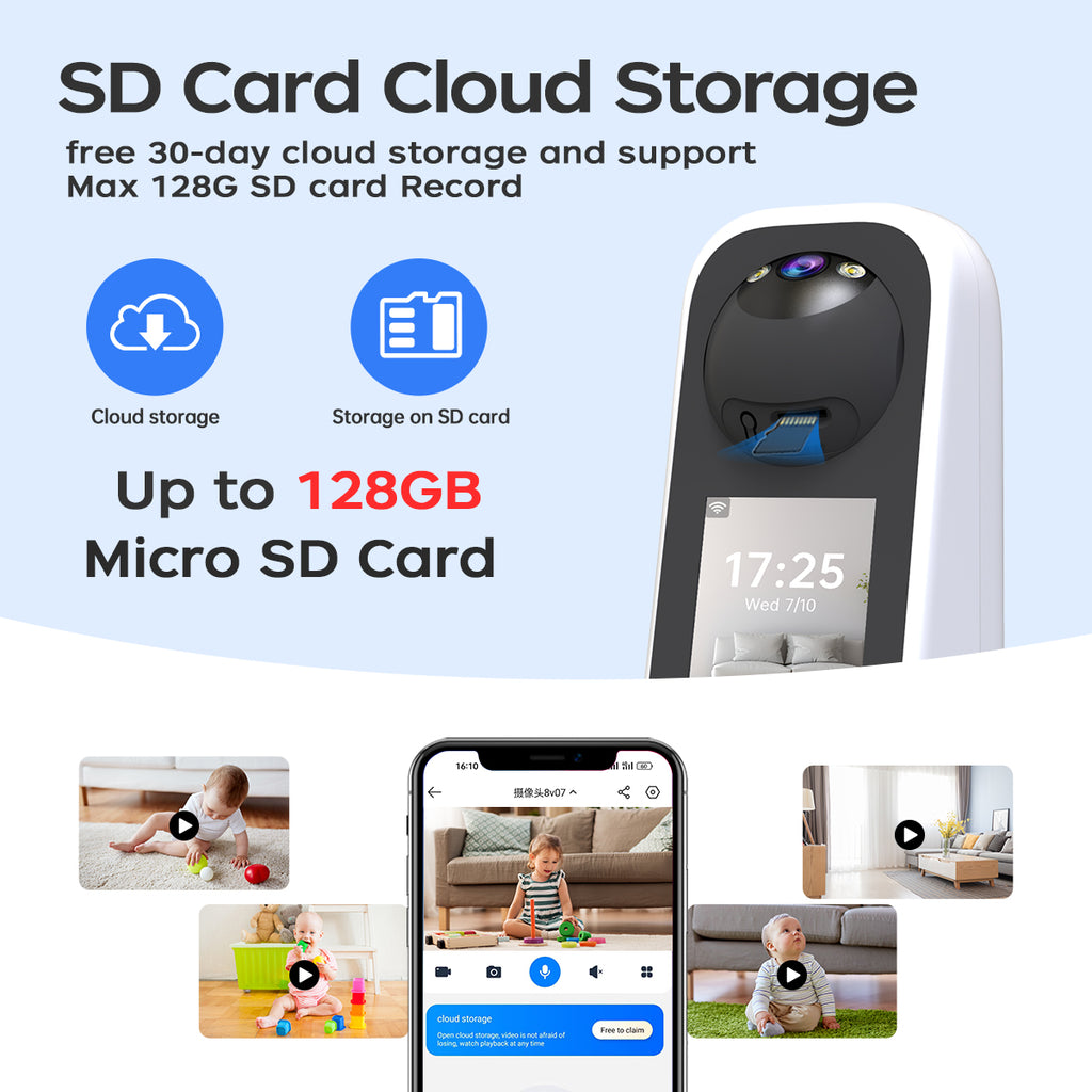 JOOAN Caméra de surveillance intérieure 5G Wi‑Fi avec écran 2K, PTZ 360°, caméra IP pour la maison, pour bébé et personnes âgées, carte SD, stockage en nuage, détection de mouvement