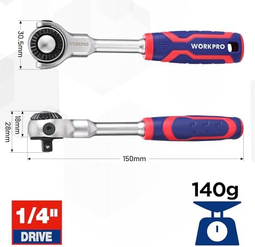WORKPRO Bit à ratchet 1/4" (6,35 mm) pour perceuse, 72 dents, finition mate, poignée tricolore