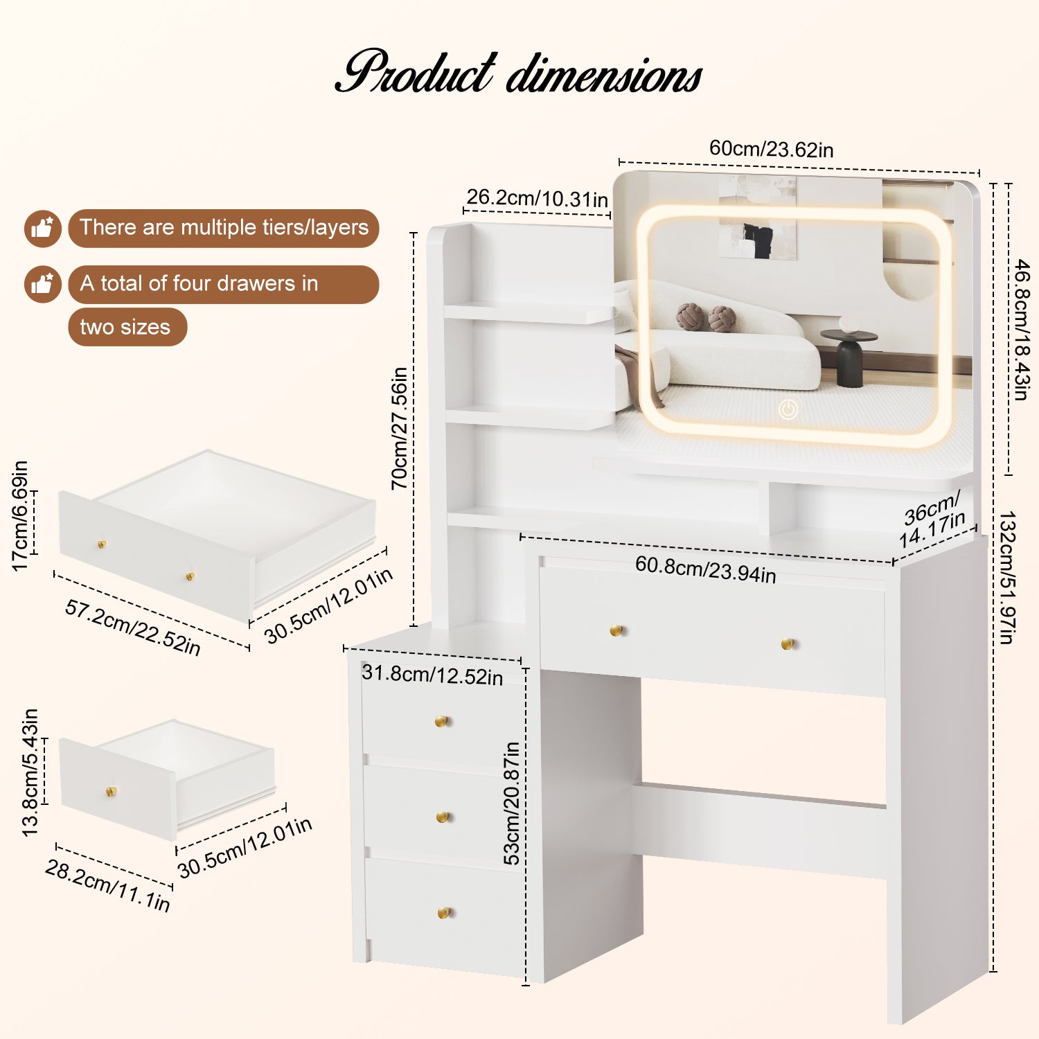 GTIMEX Table de maquillage, table de maquillage avec éclairage LED, grand miroir haute résolution, 7 compartiments de rangement ouverts, 1 grand tiroir, 3 tiroirs latéraux