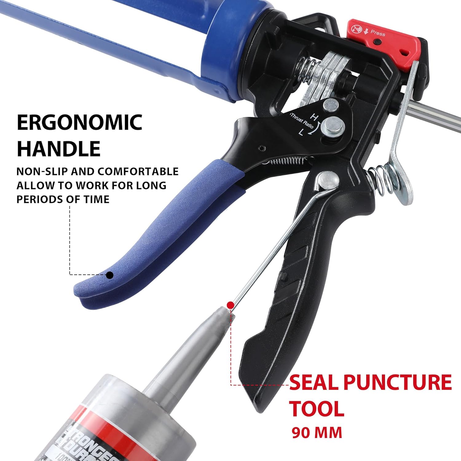 WORKPRO Pistolet à mastic, rapport de course réglable 9:1 et 18:1, pour cartouches de 290 à 310 ml, mastics, silicones et adhésifs