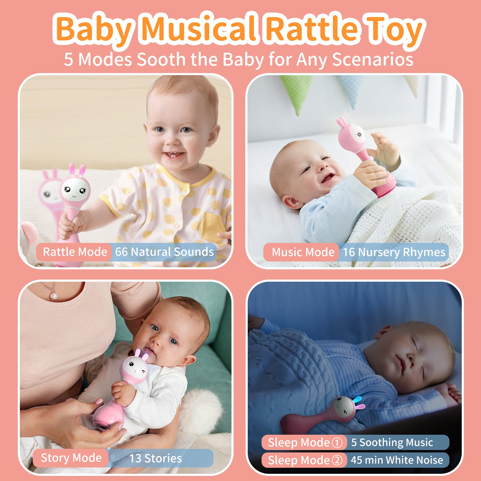 alilo Smarty Bunny Hochet Bébé Jouets Musiques Lumineux pour Bébés 0+ Mois Cadeaux pour Filles, 5 Modes Musiques et Fonction de Reconnaissance des Couleurs avec 9 Cartes de Couleurs, Rose