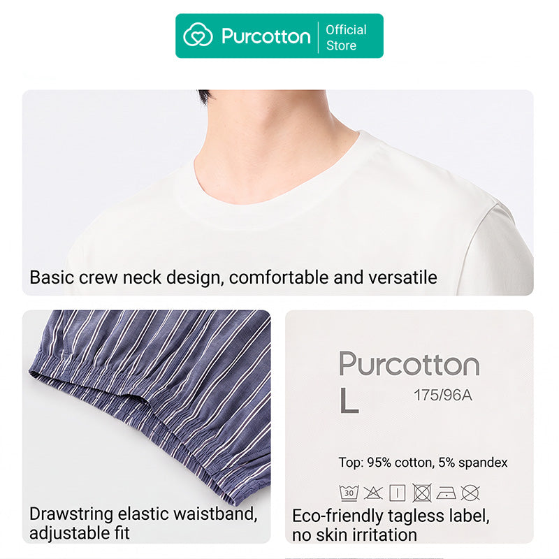 Purcotton Ensemble de loungewear pour homme en coton soyeux rafraîchissant - Haut et short en gaze - Rafraîchissant et respirant - Hydratant et doux - Maison d'été - Rayures bleues