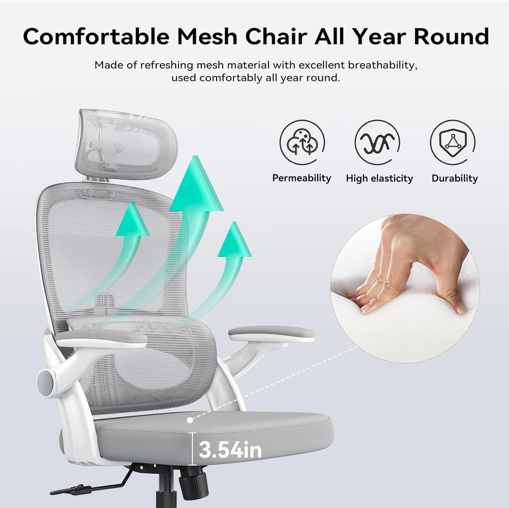 SIHOO M102C Chaise de bureau ergonomique en maille, haut dossier avec accoudoirs 3D, soutien lombaire réglable haut/bas, chaise de travail informatique pivotante, cadre blanc et maille gris clair