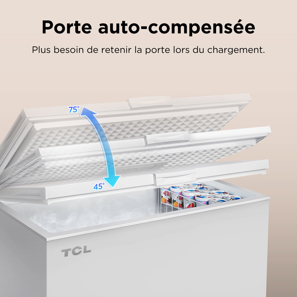 TCL CF182EWE0FR Congélateur 140 L, panier de rangement inclus, couvercle à équilibrage par contrepoids, convient pour diverses applications, thermostat réglable, pieds réglables