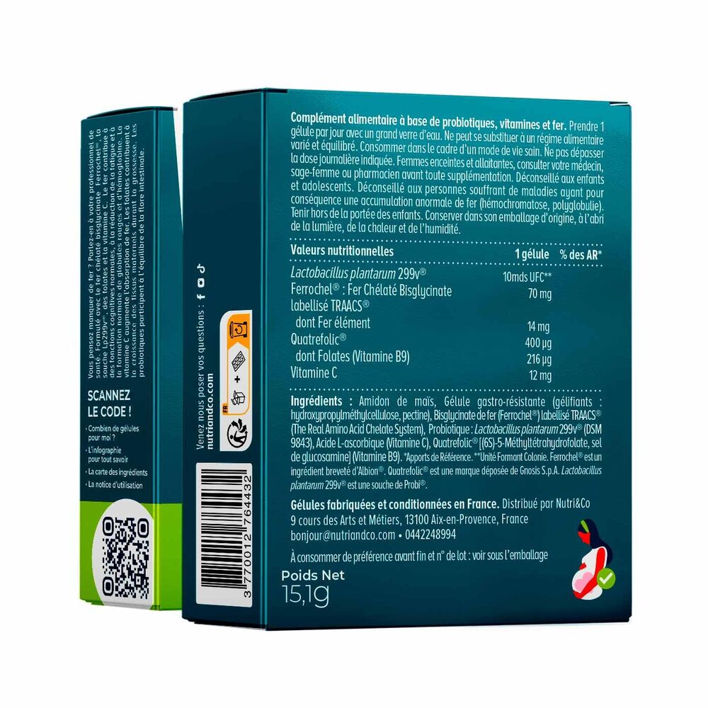 Nutri&Co Fer et Probiotique - 30 gélules véganes