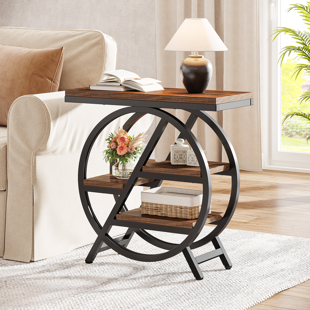 Tribesigns Table d'appoint 3 niveaux avec rangement Cadre métallique géométrique style industriel Marron rustique