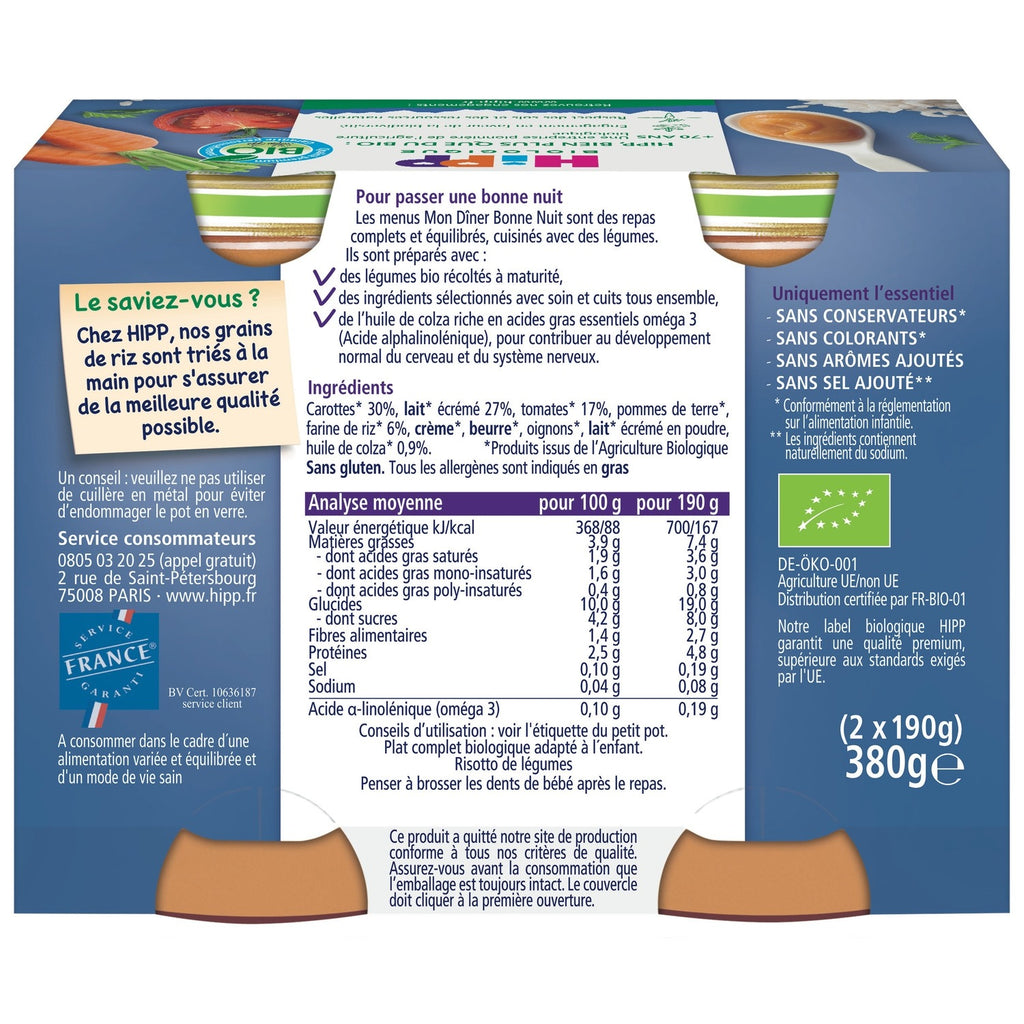 Hipp Risotto de légumes bio Repas pour bébé 8+ mois 2 x 190 g