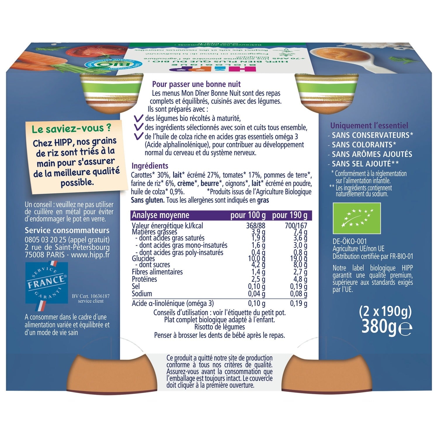 Hipp Risotto de légumes bio Repas pour bébé 8+ mois 2 x 190 g