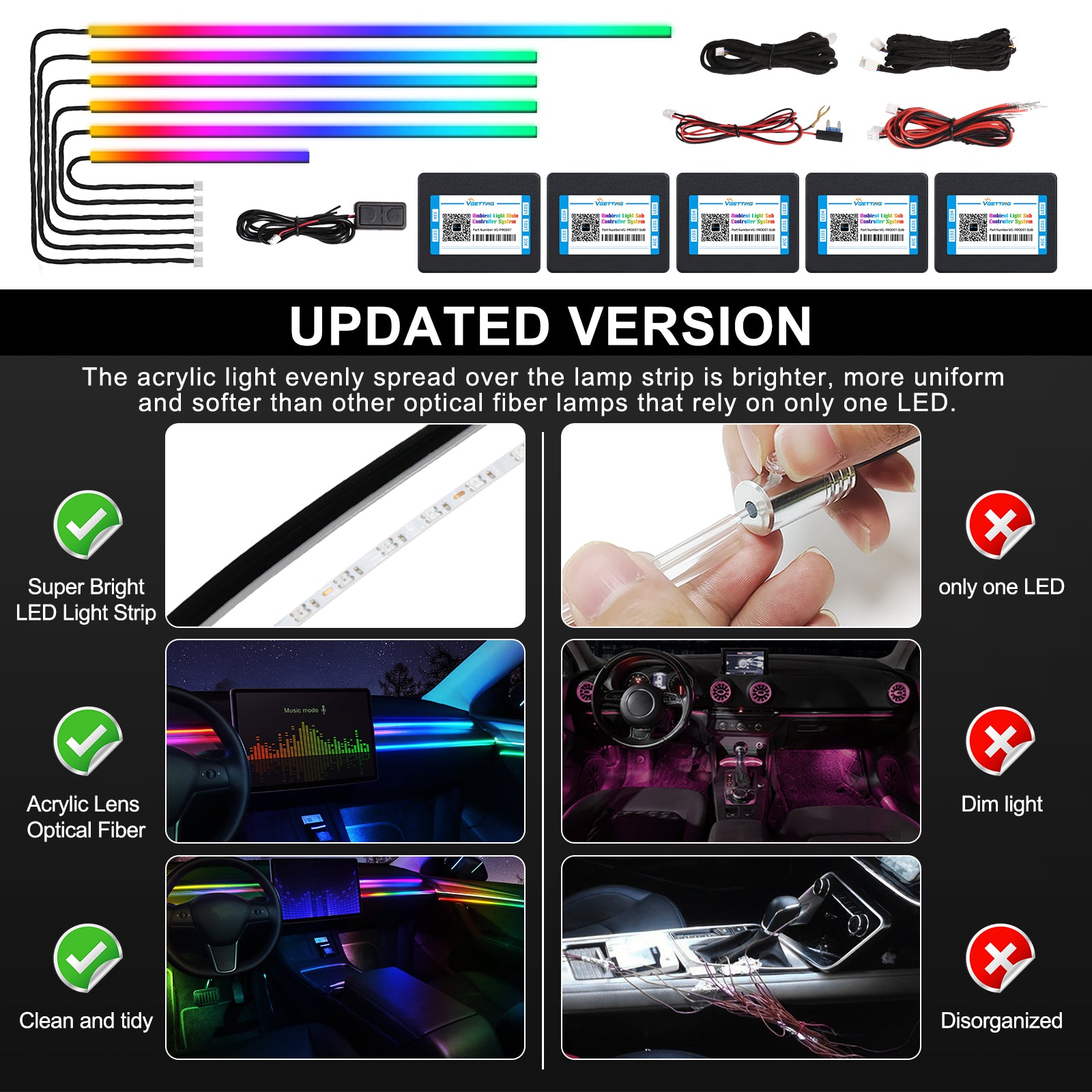 VGETTING Bande LED acrylique couleur de rêve pour intérieur de voiture avec application sans fil, RVB 6-en-1, 175 pouces, 600 LED, Fibre optique, Kit d’éclairage d’ambiance automobile