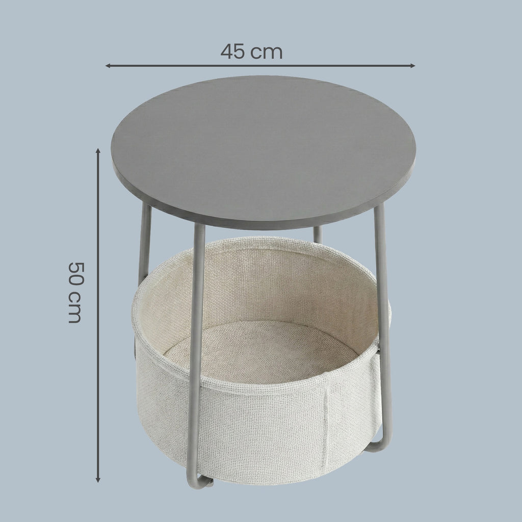 JOYFURNOS Table d'appoint, Bout de canapé rond avec panier en tissu, Pour salon et chambre, Table de chevet, Style moderne, Gris