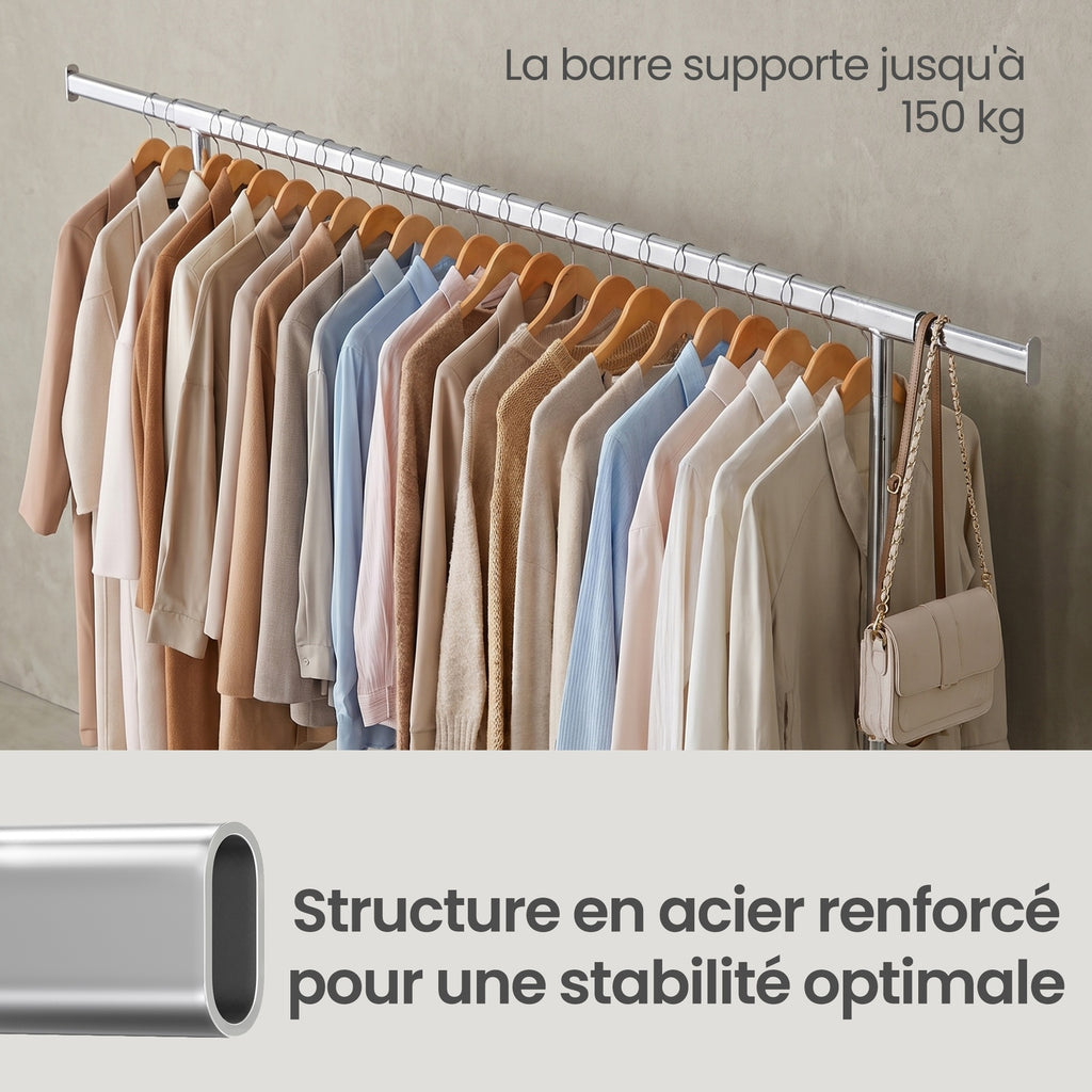 JOYFURNOS Portant à Vêtements sur Roulettes, Portant à Vêtements Réglable, Robuste, Pour Chambre, Capacité 150 kg, Montage Facile, Argent