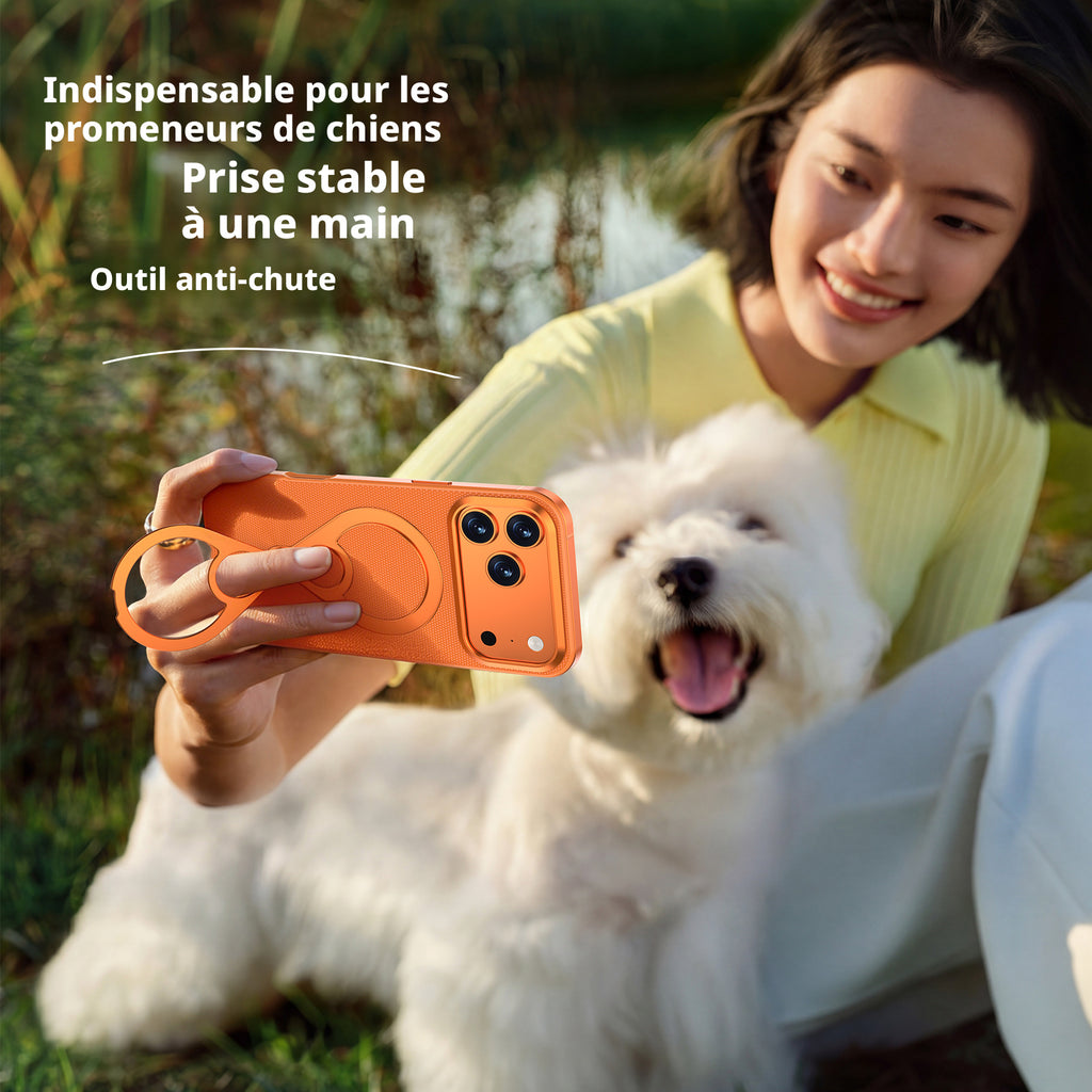 Coque pour iPhone 17 Pro Max, cadre en alliage, support métallique rotatif à 360°, anneau de maintien en cuir de qualité supérieure, anti-choc, Bleu, 1 pièce
