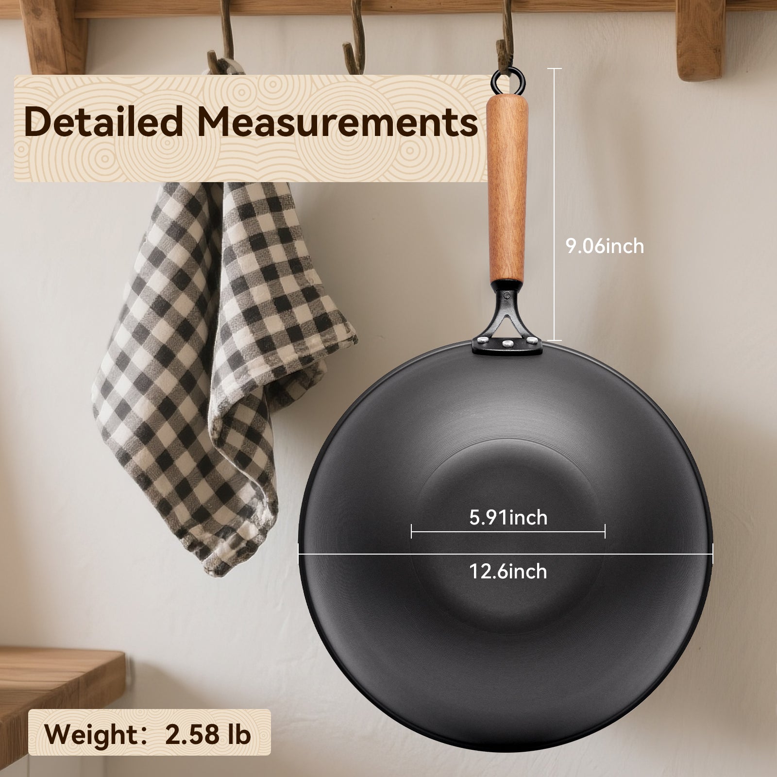 WANGYUANJI Wok en acier au carbone texturé à revêtement rotatif 12,6" avec couvercle en verre — Fond plat, sans revêtement, pour toutes les plaques de cuisson