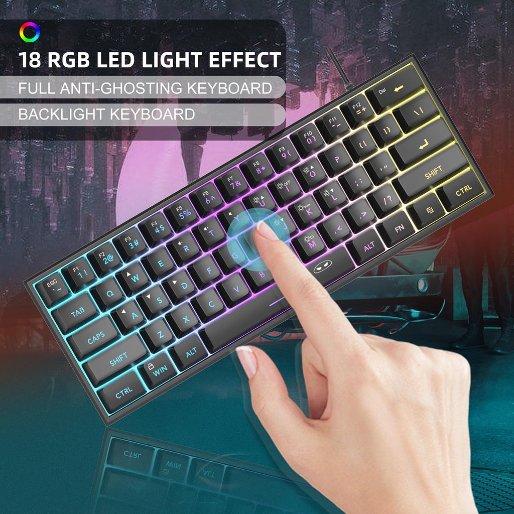 MageGee TS91 Clavier de jeu filaire 60 %, disposition QWERTY US, rétroéclairage RGB, 61 touches, ultra-compact, ergonomique, étanche, à l’aspect mécanique, pour PC, Mac, PS4 et Xbox One, idéal pour les joueurs (Noir)