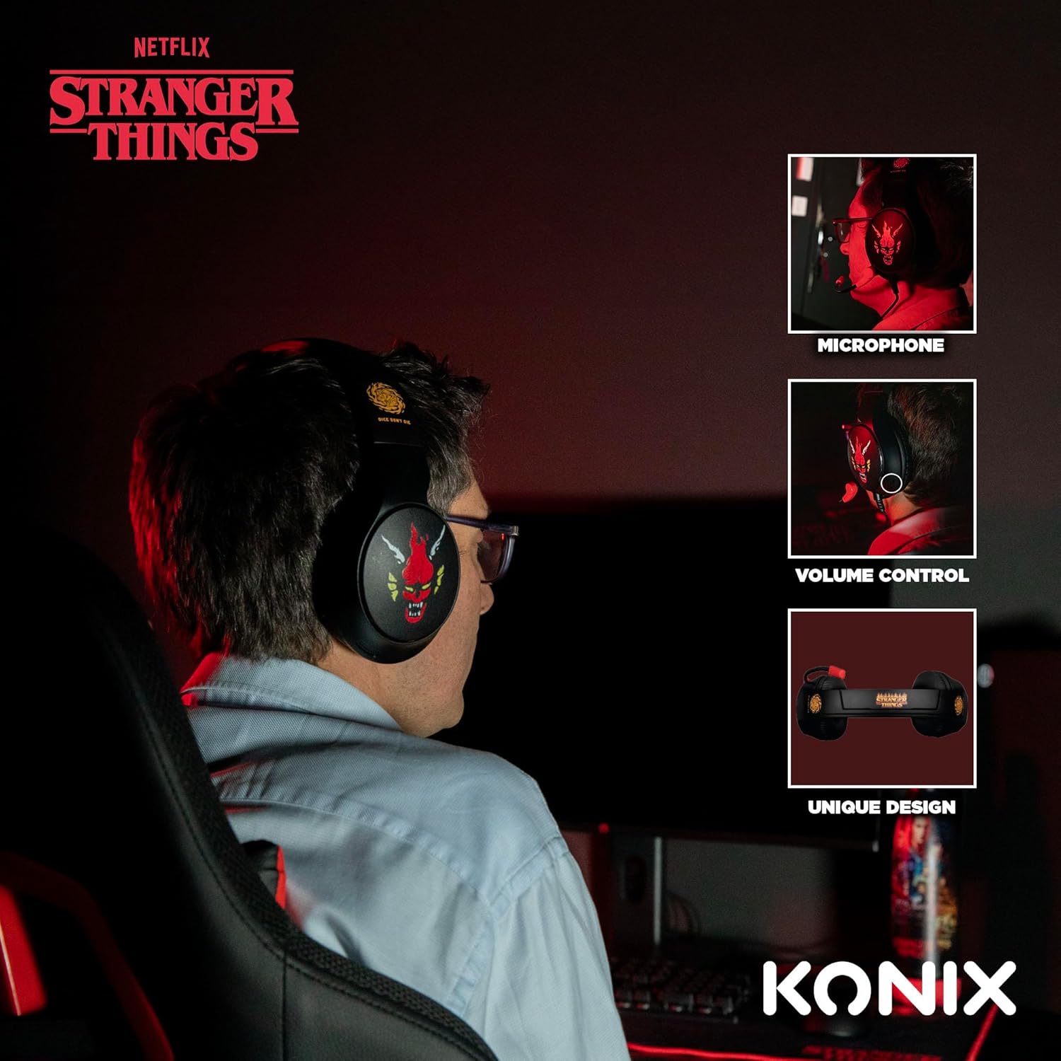 KONIX Stranger Things Casque de jeu circum-aural filaire pour PC, PS5, Switch 2 et Xbox - Microphone - Câble 1,5 m - Connecteur 3,5 mm - Motif Hellfire Club