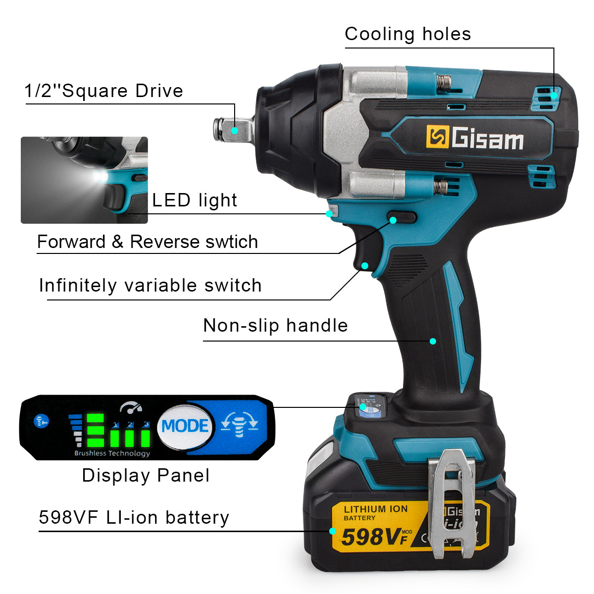 Gisam Clé à chocs électrique sans fil couple 1800 Nm, 1/2 pouce, avec moteur sans balais, compatible avec les batteries Makita 18 V