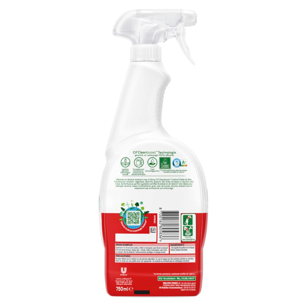Cif Spray Nettoyant Multi-Usages Cuisine et Salle de Bain 5 en 1, Dégraisse et Détartrage, Sans Traces, Certifié Écolabel, 750 ml