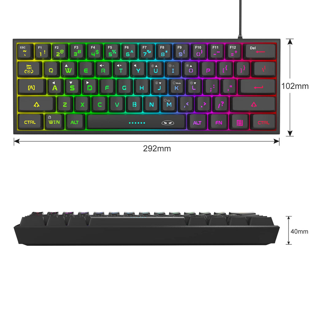 MageGee TS91 Clavier de jeu filaire 60 %, disposition QWERTY US, rétroéclairage RGB, 61 touches, ultra-compact, ergonomique, étanche, à l’aspect mécanique, pour PC, Mac, PS4 et Xbox One, idéal pour les joueurs (Noir)