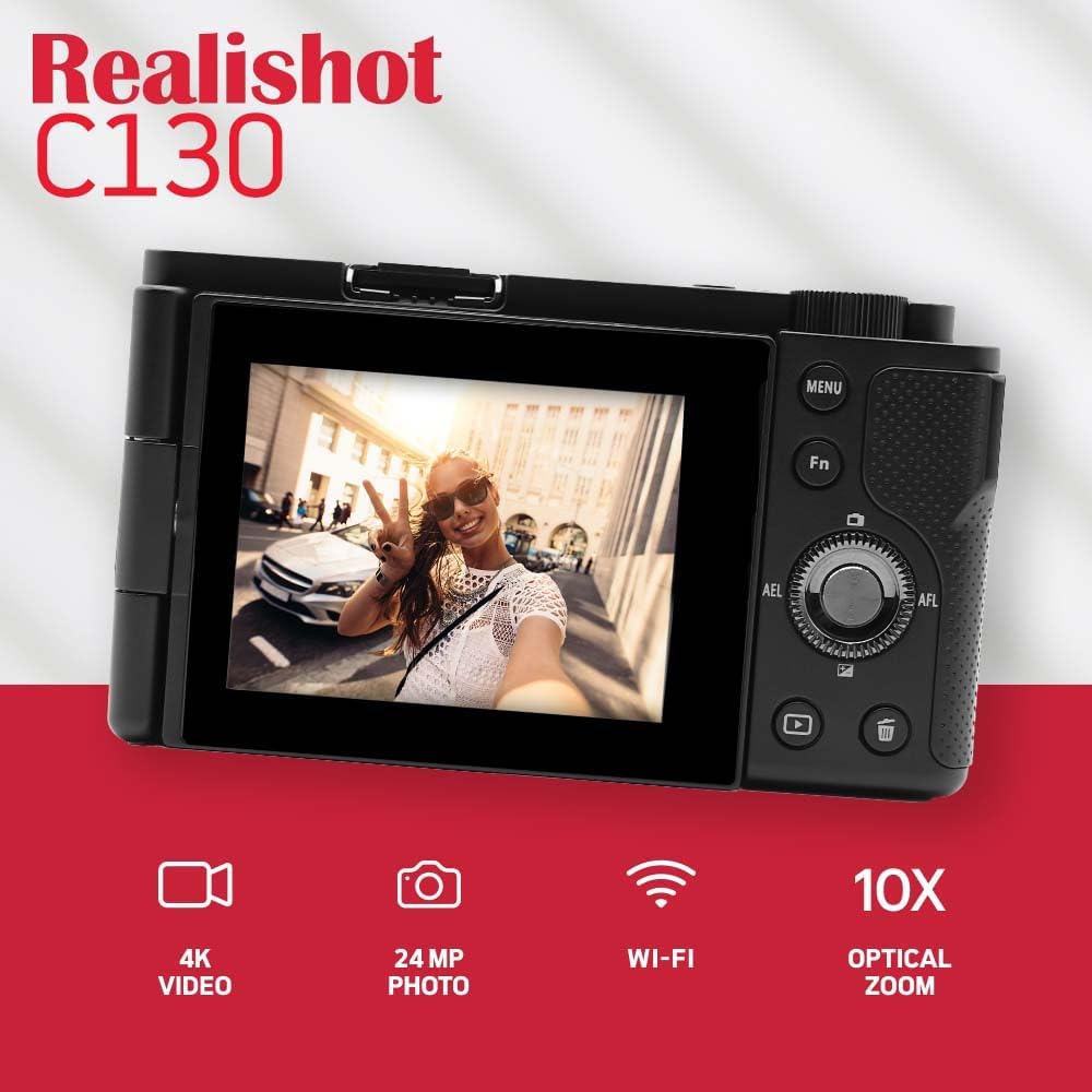 AgfaPhoto Realishot C130 - Appareil photo compact, 24 MP, zoom optique 10x, vidéo 4K, écran rotatif