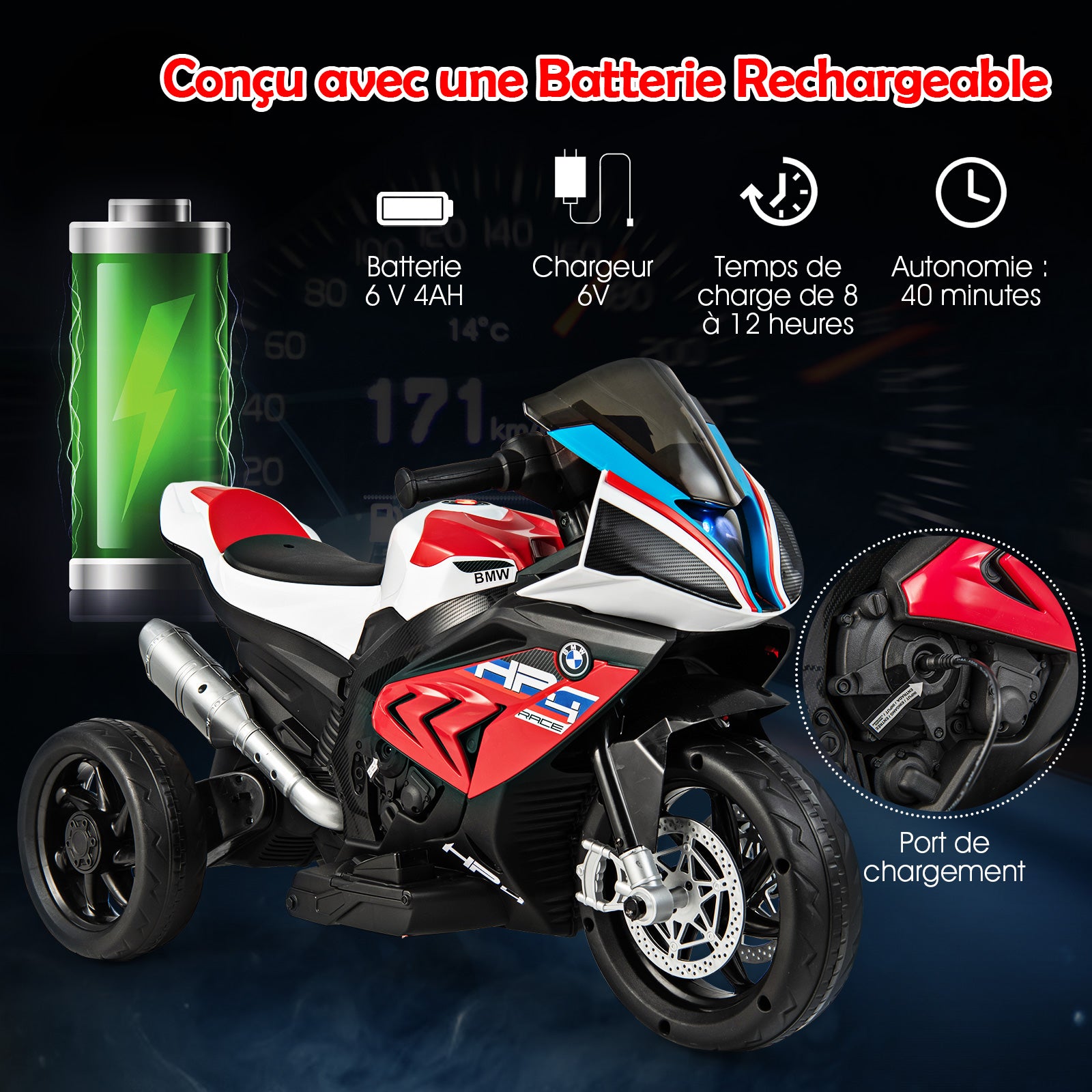 Moto électrique 6 V avec musique et phare avant, moto tricycle, dimensions 82,5 × 42 × 54 cm, rouge