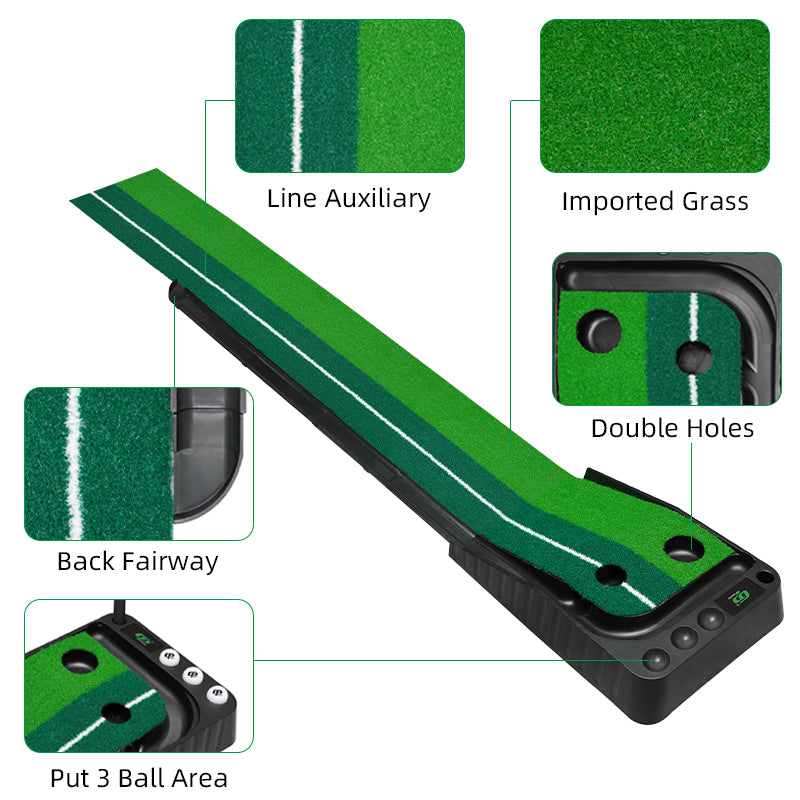 Green de putting d'intérieur, tapis de putting de golf avec retour automatique de balle, surface en velours cristal de qualité supérieure, tapis d'entraînement au putting