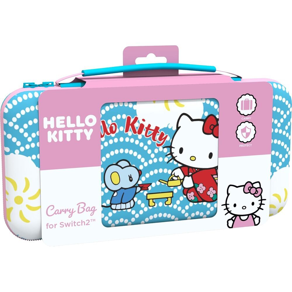 Konix Hello Kitty Housse de protection et transport console Nintendo Switch 2 - Filet rangement accessoires - 8 compartiments jeux - Motif thé - Bleu