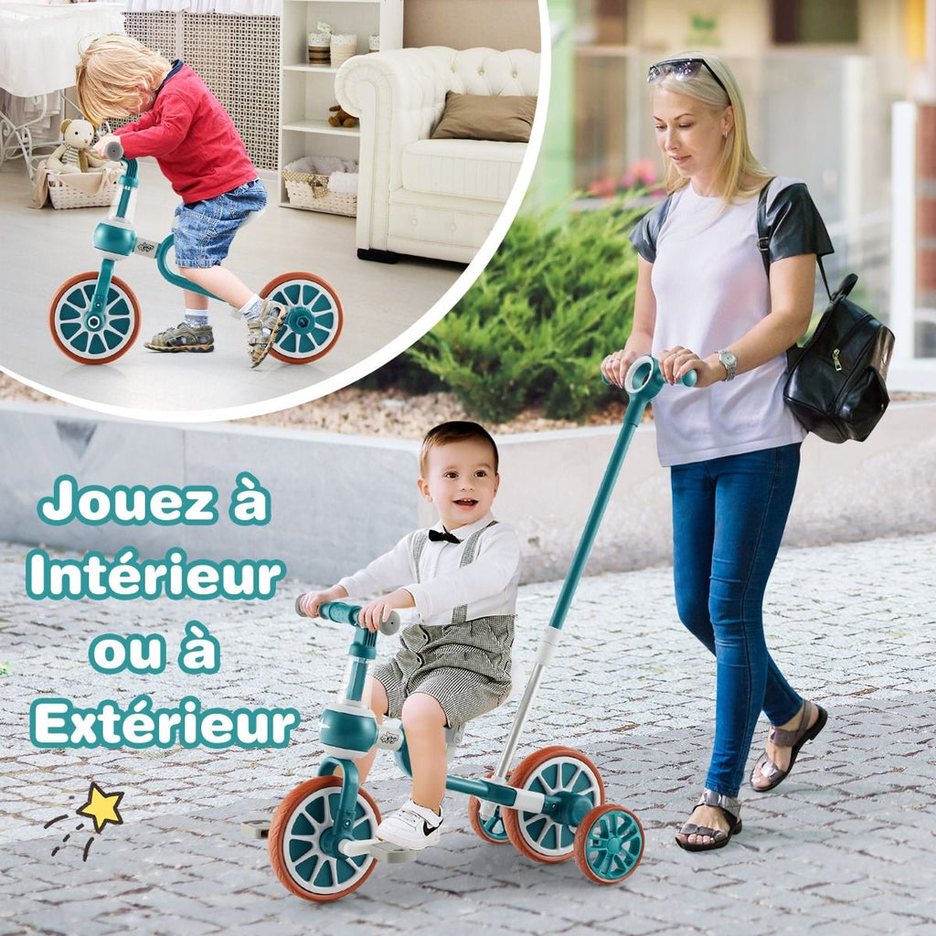 Vélo pour enfants 4-en-1, vélo d'apprentissage avec barre de poussée pour parents, dimensions 37 × 72 × 101 cm, vert