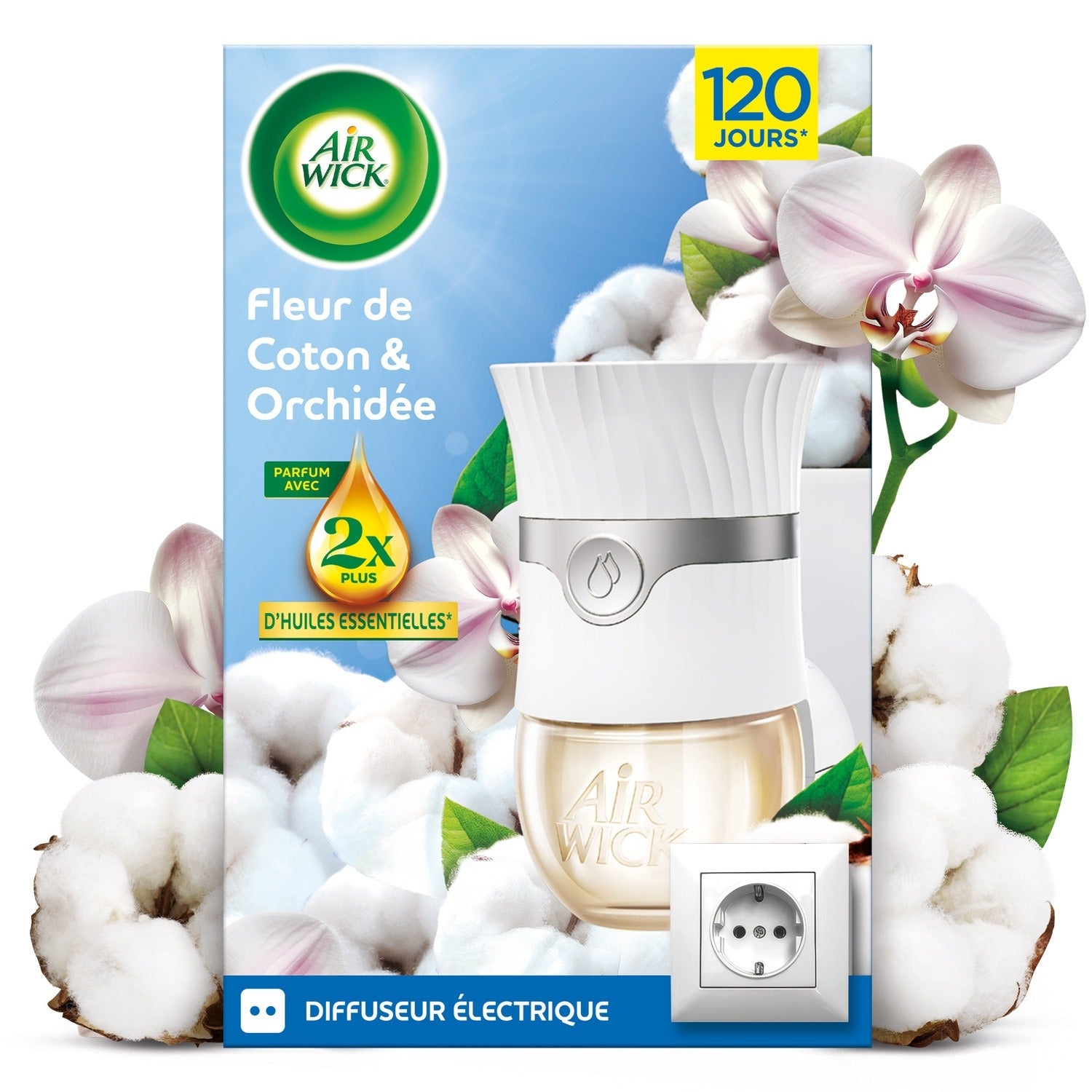 AIR WICK Diffuseur électrique désodorisant + recharge intensité réglable Fleur de Coton et Orchidée 19 ml