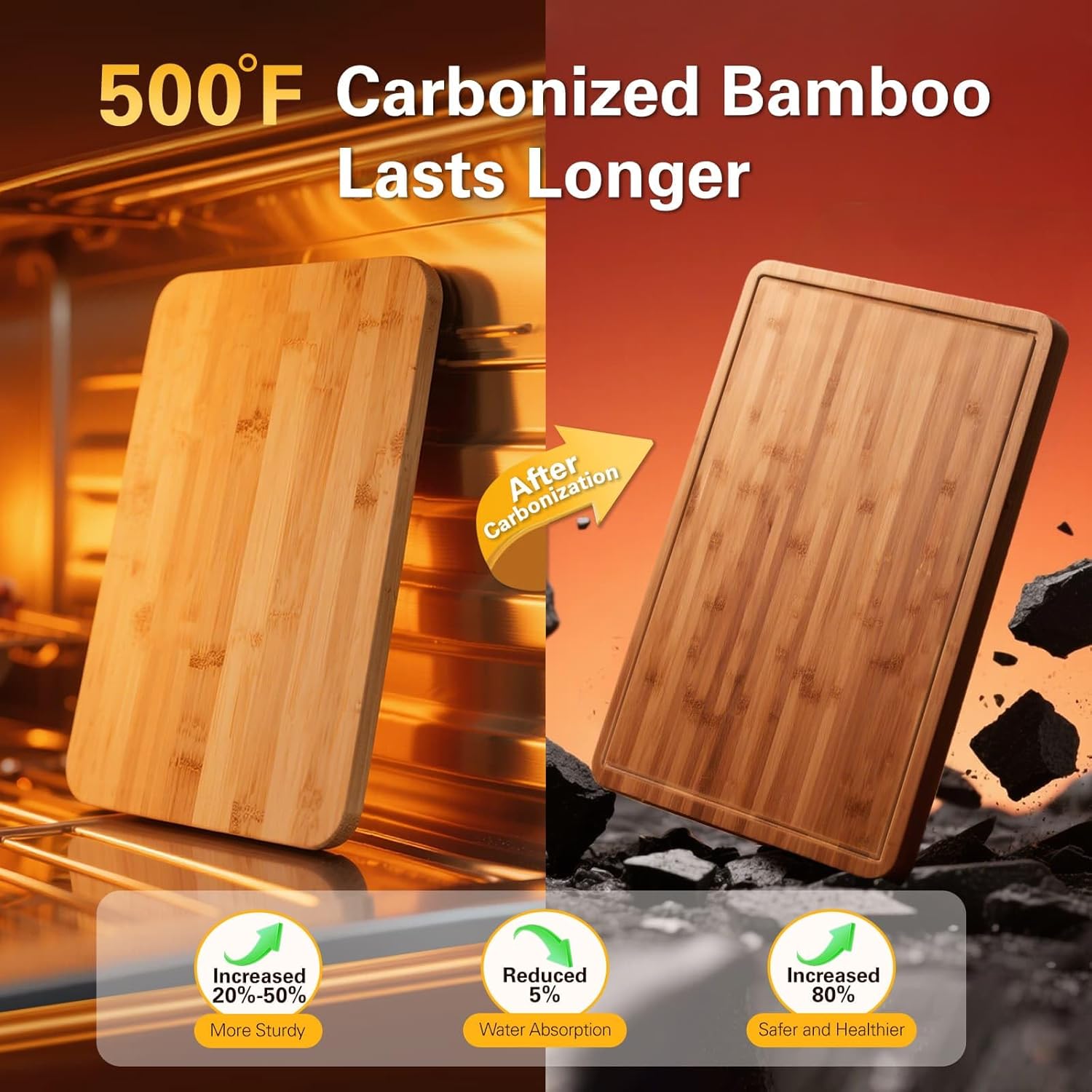 VVM Planches à découper en bambou carbonisé robuste - XL