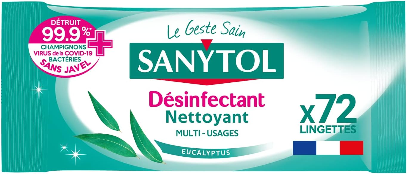 Sanytol Lingettes Nettoyantes Désinfectantes Multiusages sans Javel Eucalyptus (Paquet de 72)