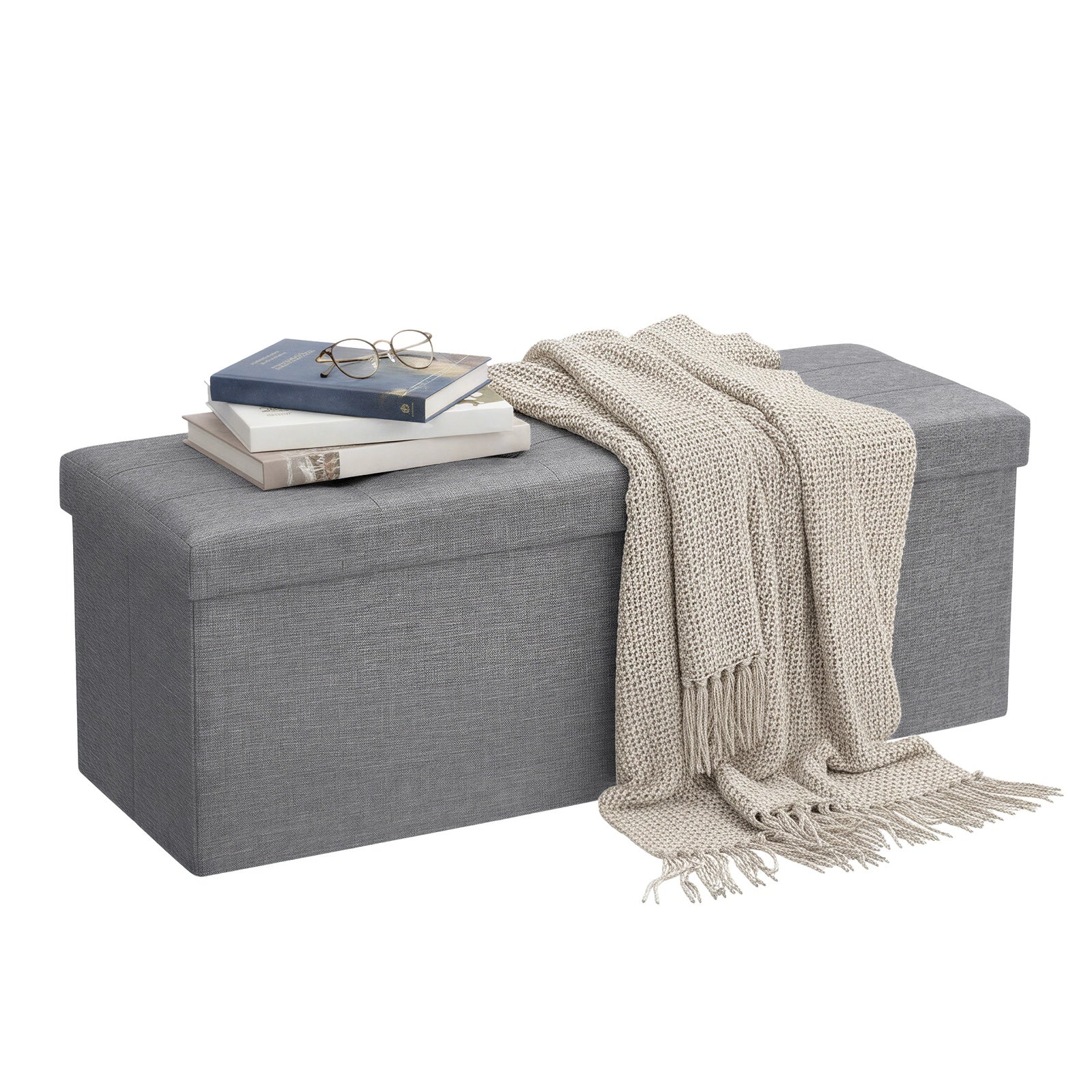 JOYFURNOS Banc de Rangement Pliable, 38 x 110 x 38 cm, Couvercle Rabattable, Capacité de 300 kg, pour Entrée, Salon, Chambre, Gris Foncé