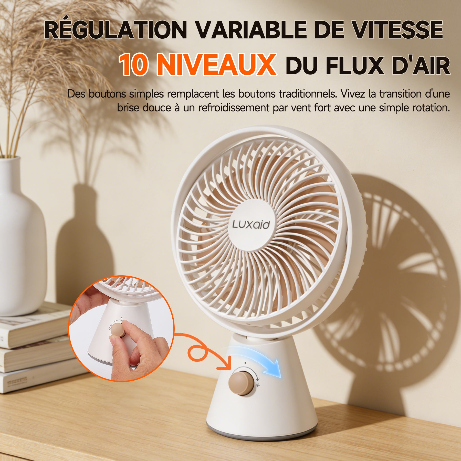 Luxaid Ventilateur de bureau portable, batterie 4000 mAh , oscillation manuelle verticale à 180° + oscillation automatique horizontale à 90°, 7 pales