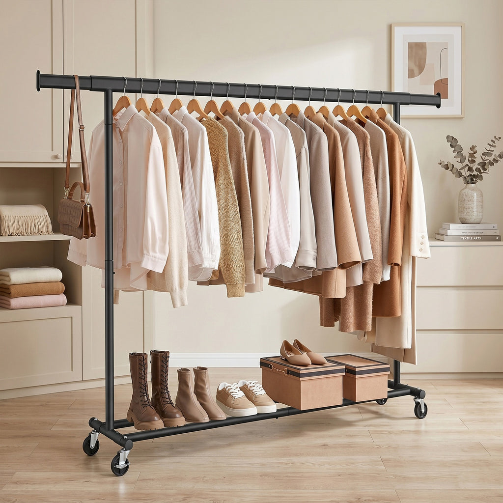 Ochama Portant à Vêtements Extensible, Tringle Robuste avec Roulettes, Penderie Mobile pour Chambre, Montage Facile, Noir