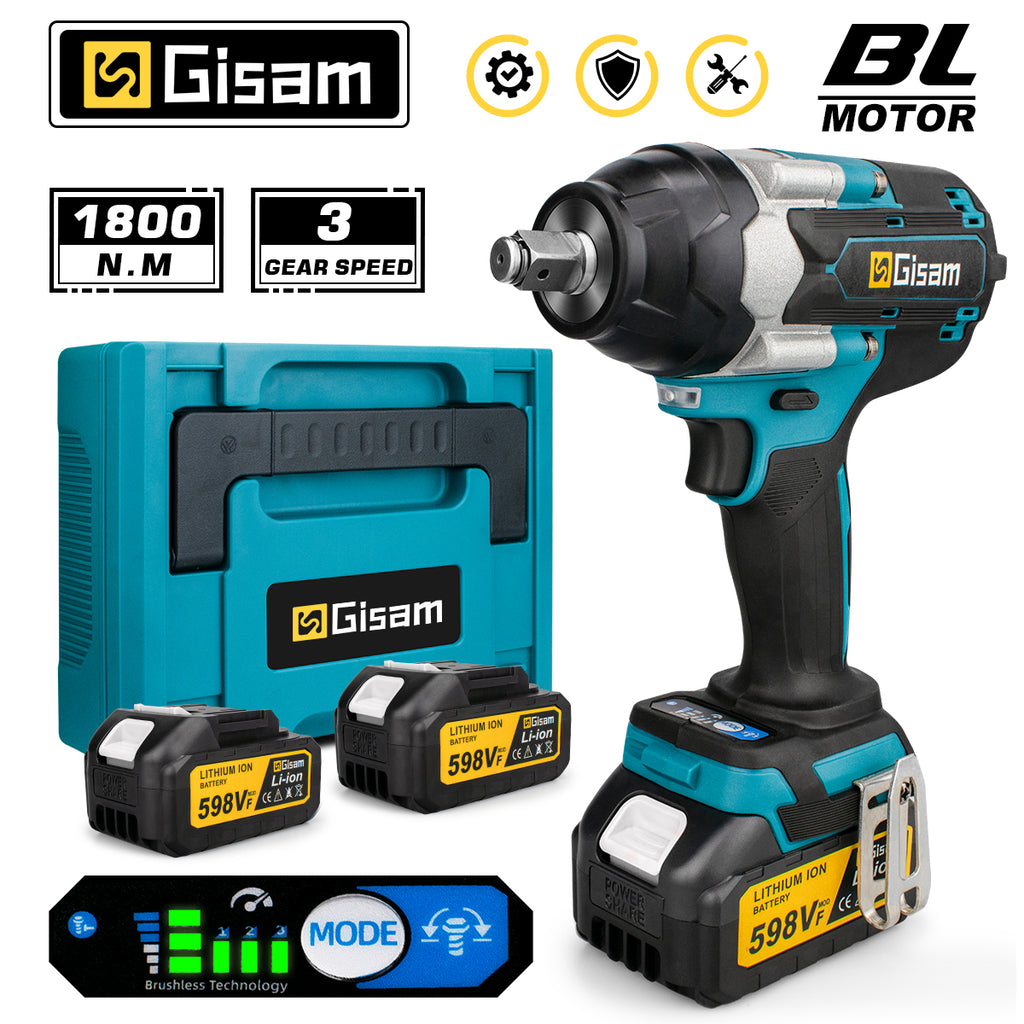 Gisam Clé à chocs électrique sans fil couple 1800 Nm, 1/2 pouce, avec moteur sans balais, compatible avec les batteries Makita 18 V