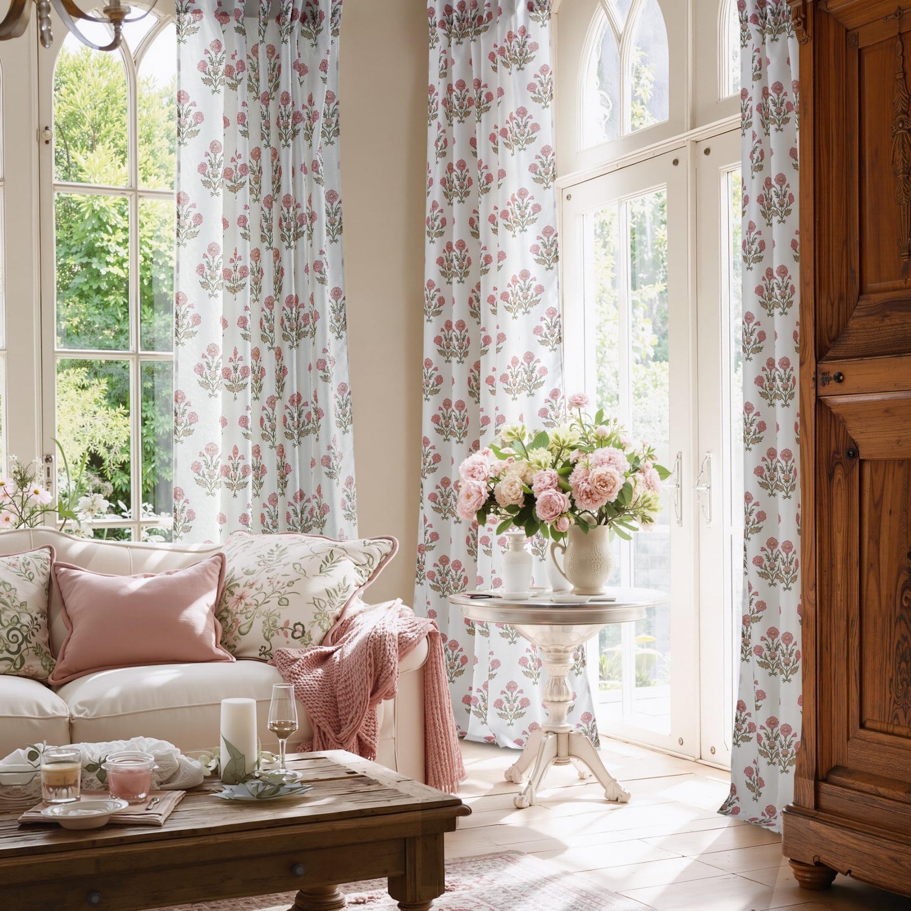 PONY DANCE Rideaux en Lin Floral Imprimé Motif Rose pour Chambre de Fille Chambre Bébé, Bohème Style Maison de Campagne Rideaux de Fenêtre Transparents Aesthétique Filtrant la Lumière