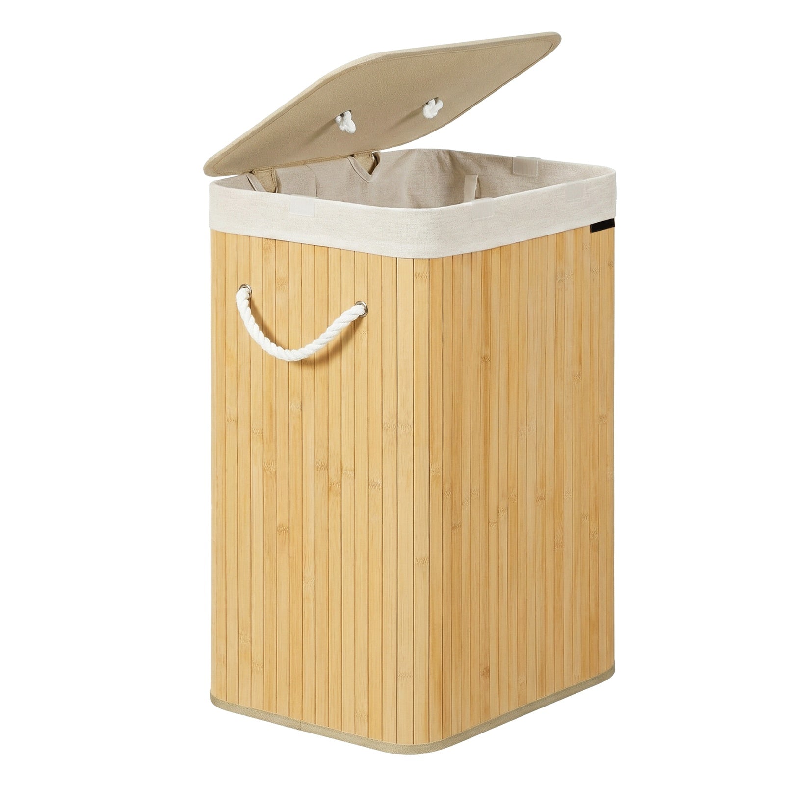 JOYFURNOS Panier à linge avec couvercle, panier de lavage pliable en bambou avec sac doublure amovible et cadre en bois solide, grande capacité de 72L, taille gain de place 40x30x61cm, idéal pour chambre, salle de bain, buanderie, dortoir, Naturel