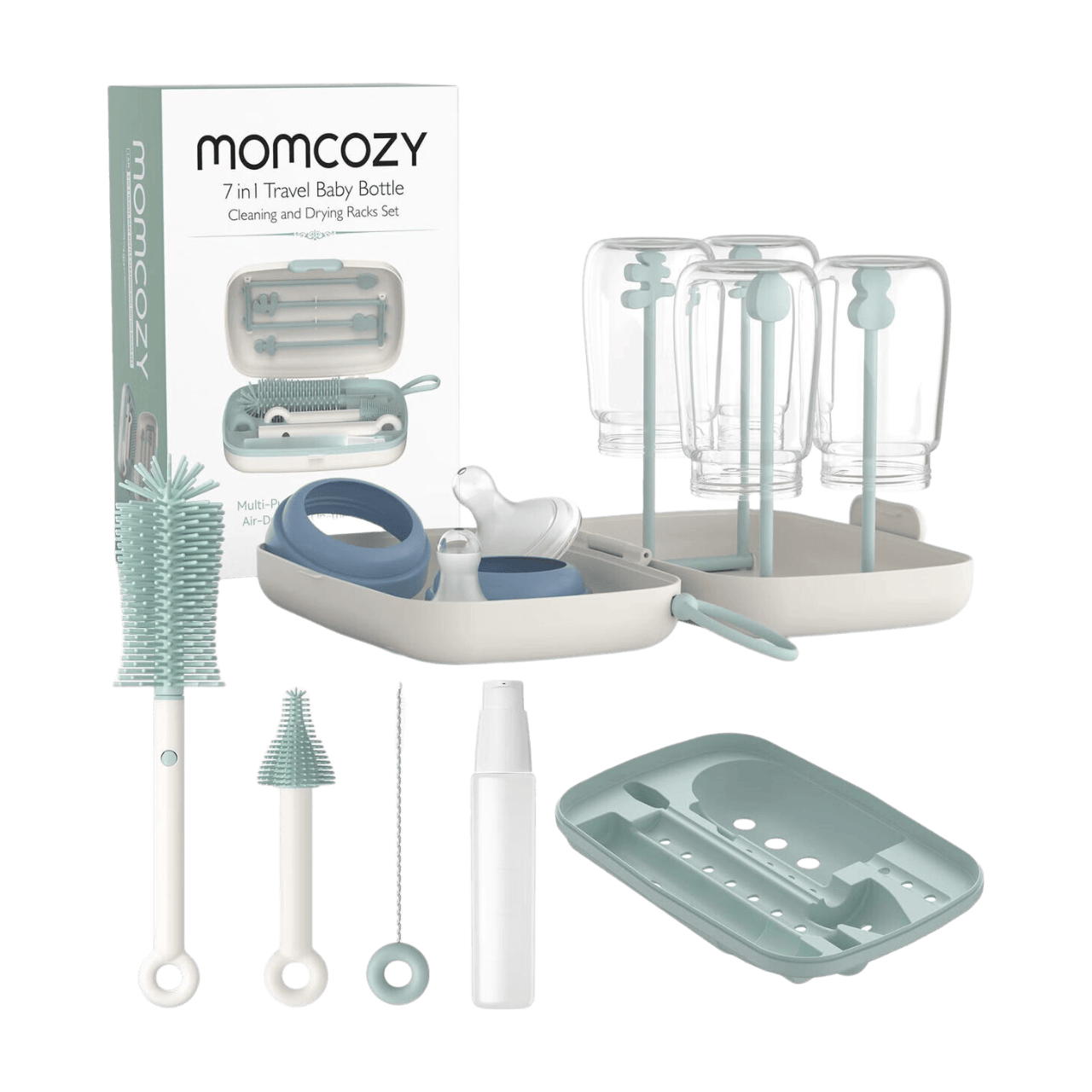 Momcozy Kit portable de brosses de nettoyage pour biberons 7-en-1 - Kit portable de brosses de nettoyage pour biberons 7-en-1 LS001 (Vert, 1 ensemble, pour marché européen), cadeaux pour maman