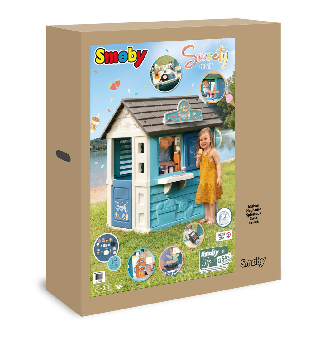 Smoby - Maisonnette de jardin Sweety Corner - Maisonnette de jardin pour enfants - Thème des snacks - Machine à glaces - 18 accessoires - Matériaux recyclés - Dès 2 ans - Fabriqué en France
