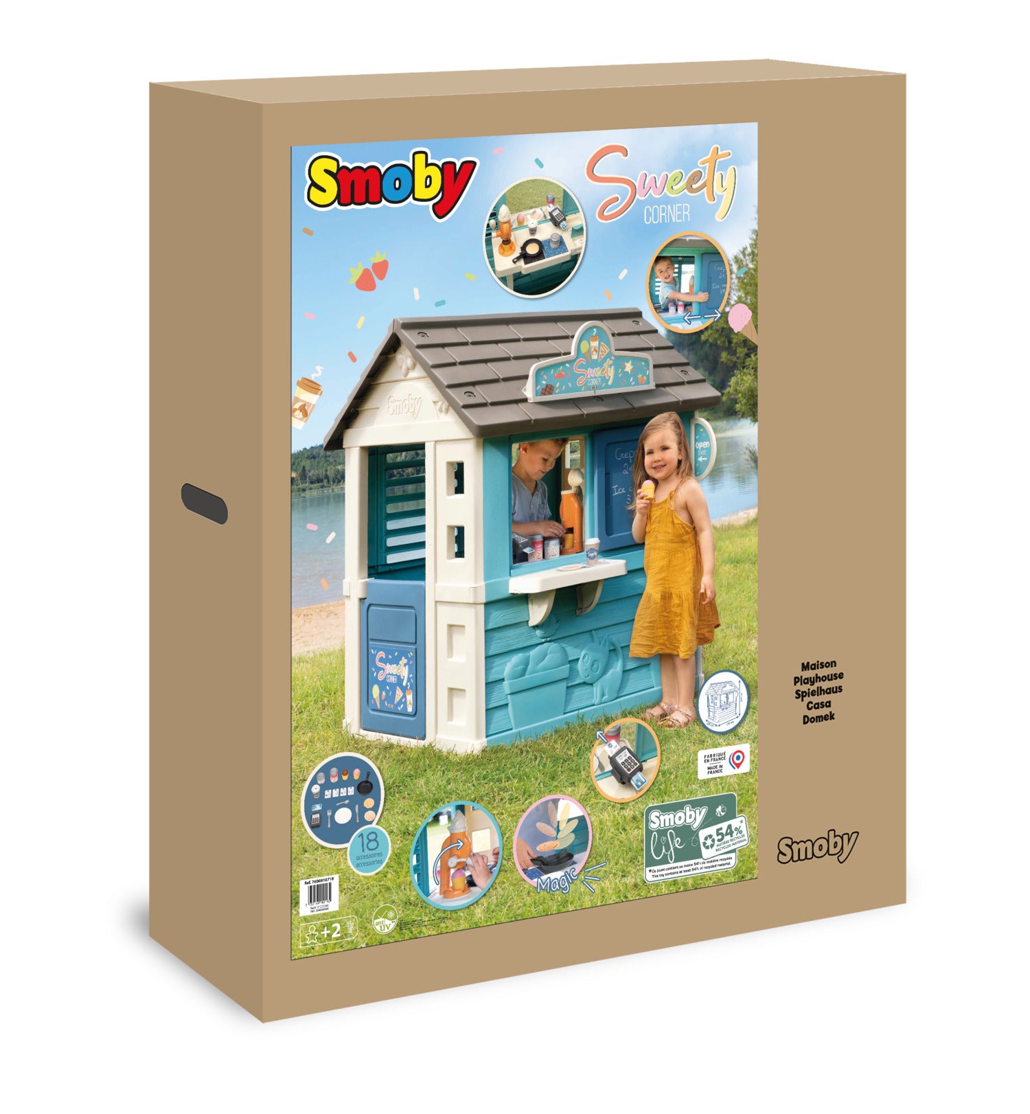 Smoby - Maisonnette de jardin Sweety Corner - Maisonnette de jardin pour enfants - Thème des snacks - Machine à glaces - 18 accessoires - Matériaux recyclés - Dès 2 ans - Fabriqué en France