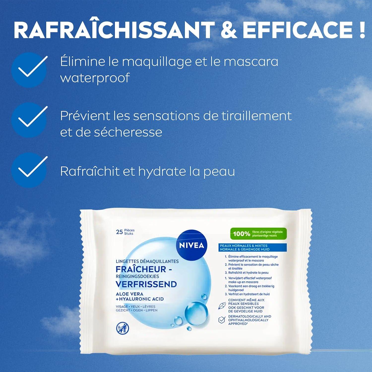 NIVEA Lingettes nettoyantes visage Fraîcheur, 25 lingettes