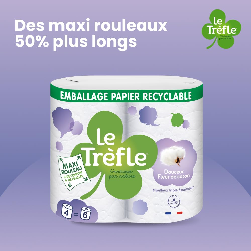 LE TRÈFLE Douceur Fleur de Coton Papier Toilette 3 Épaisseurs Lotion au Coton, 4 Rouleaux