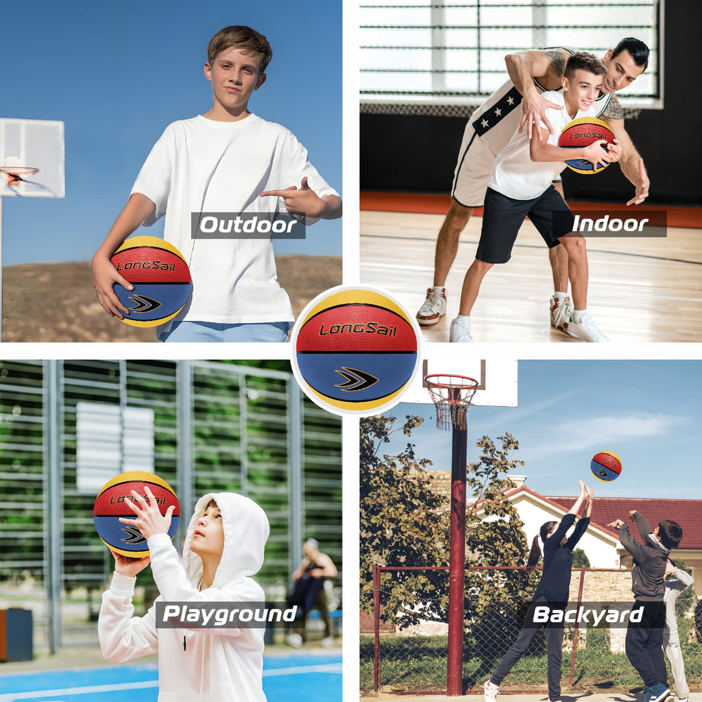 LONGSAIL Ballon de basketball en caoutchouc haute qualité (27,5 po) taille 5 rouge/jaune/bleu