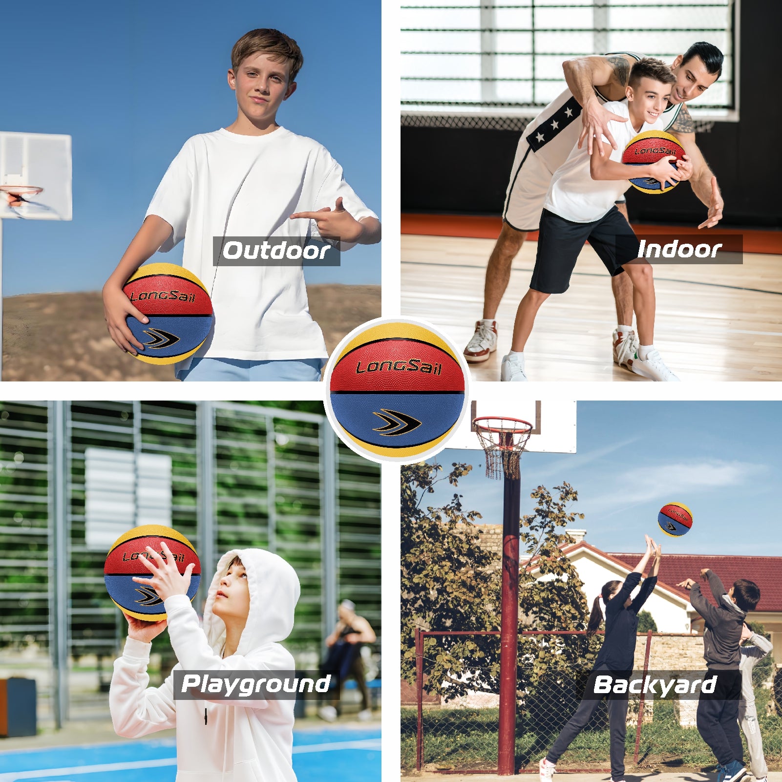 LONGSAIL Ballon de basketball en caoutchouc haute qualité (27,5 po) taille 5 rouge/jaune/bleu