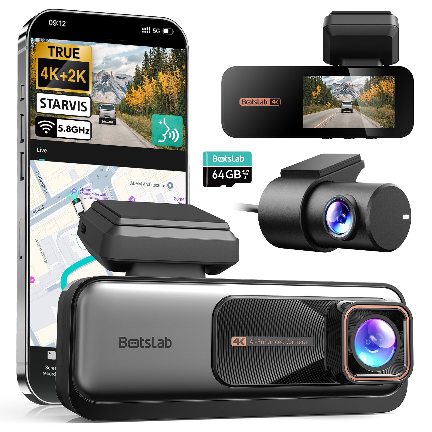 BOTSLAB Dashcam avant et arrière 4K, ultra grand-angle 170°, 4K+2K avec ADAS, vision nocturne, mode stationnement 24/7, capteur Sony STARVIS, WDR, Wi‑Fi 5,8 GHz, GPS intégré, enregistrement en boucle