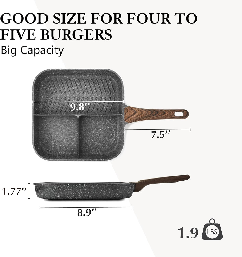 SENSARTE poêle grill compartimentée antiadhésive à trois compartiments, adaptée aux plaques de cuisson, poêle grill multifonction pour le petit-déjeuner, poêle carrée durable