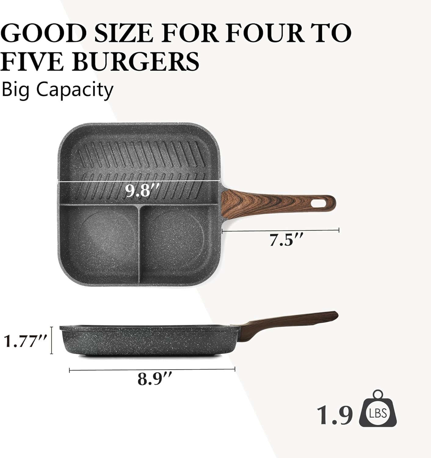 SENSARTE poêle grill compartimentée antiadhésive à trois compartiments, adaptée aux plaques de cuisson, poêle grill multifonction pour le petit-déjeuner, poêle carrée durable