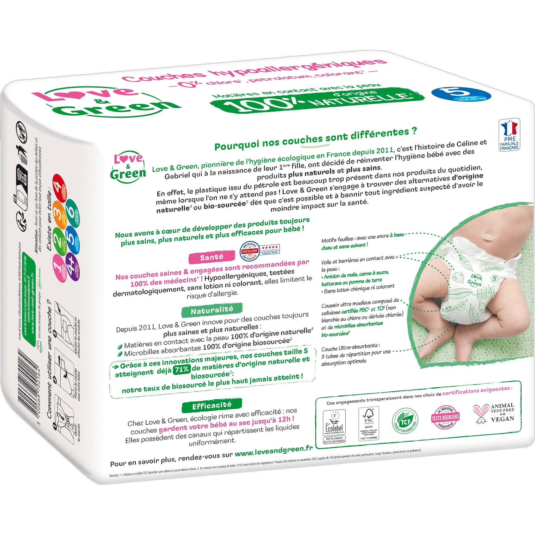LOVE & GREEN Couches Bébé Hypoallergéniques Écologiques Taille 5 11-25kg - 40 couches